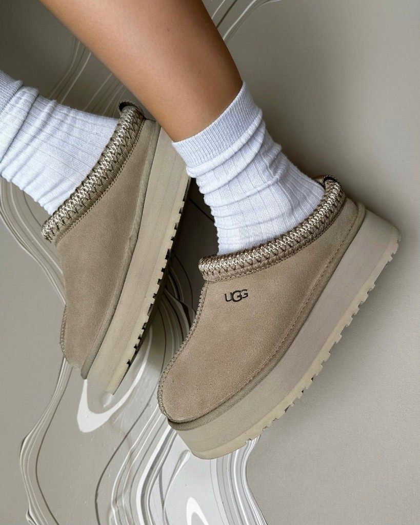 Sand Tasman on-foot — white socks and platform sole.